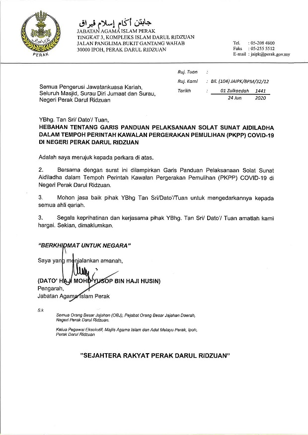 Surat Hebahan Panduan Solat Sunat AidilAdha dalam tempoh PKPP